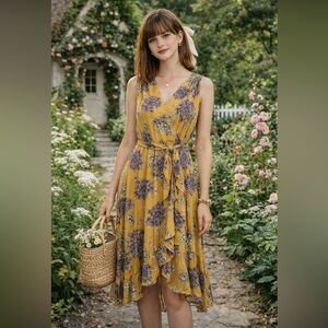 a.n.a Sundress Women's Size XS Yellow Purple Flounce Tiered Belted Sleeveless